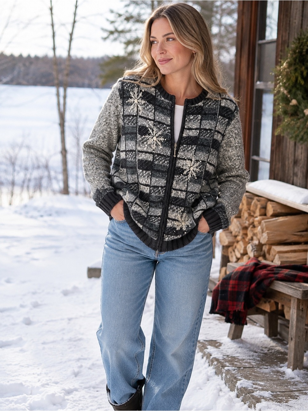 Northern Reflections L Hand Embroidered Snowflake Zip Cardigan Cotton Sweater
